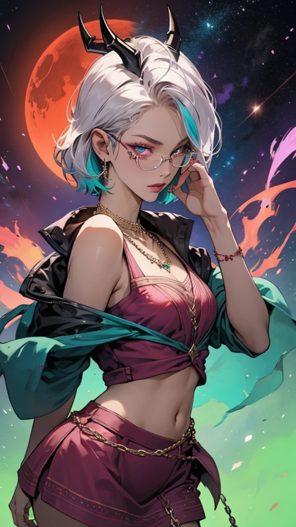 8k, masterpiece, best quality, highly detailed, 1 girl, tiefling, warlock, pixie cut, multicolored hair, very short straight hair red highlight hair on white hair, strippled hair, wearing glasses, round glasses, earrings, navel piercing, red eyeshadow, long eyelashes, blushed cheek, red lips, pearl necklace, rings, collarbone, mole on face, glamorous, teal and purple clothes, sleeveless, miniskirt, smirk, close up view, rings, looking at viewer, demon horns, solo, milky way, starry sky, blood red moon, standing, chains on the background.