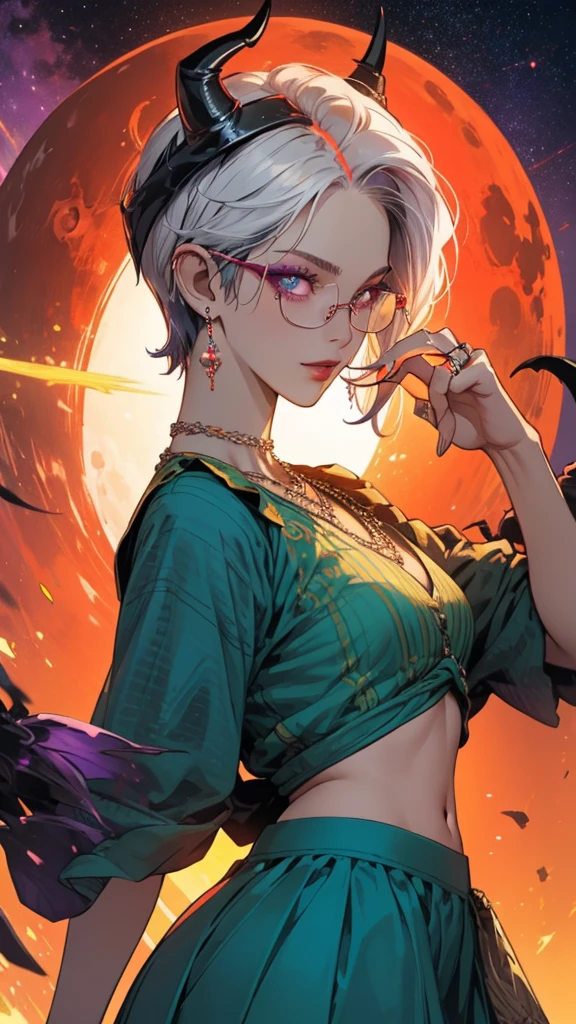 8k, masterpiece, best quality, highly detailed, 1 girl, tiefling, warlock, pixie cut, multicolored hair, very short straight hair red highlight hair on white hair, strippled hair, wearing glasses, round glasses, earrings, navel piercing, red eyeshadow, long eyelashes, blushed cheek, red lips, pearl necklace, rings, collarbone, mole on face, glamorous, teal and purple clothes, miniskirt, smirk, close up view, rings, looking at viewer, demon horns, solo, blood red moon, standing, royal dress, chains, firing fire blast