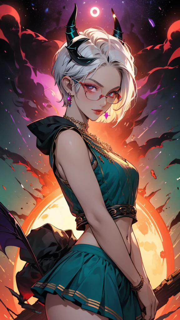 8k, masterpiece, best quality, highly detailed, 1 girl, tiefling, warlock, pixie cut, multicolored hair, very short straight hair red highlight hair on white hair, strippled hair, wearing glasses, round glasses, earrings, navel piercing, red eyeshadow, long eyelashes, blushed cheek, red lips, pearl necklace, rings, collarbone, mole on face, glamorous, teal and purple clothes, sleeveless, miniskirt, smirk, close up view, rings, looking at viewer, demon horns, solo, milky way, starry sky, blood red moon, standing, chains on the background.