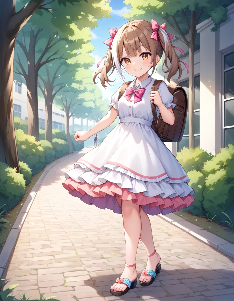Masterpiece, hd, 1girl, cute girl, , 6 years old, small breasts, short height body, brown hair, smile, twintail, white hair ribbon, wearing cute dress, frilled dress,party dress,party costume, colorful dress, bowtie, standing, outdoor, park, smile, wearing school backpack, brown backpack, wearing sandals, fullbody, walking
