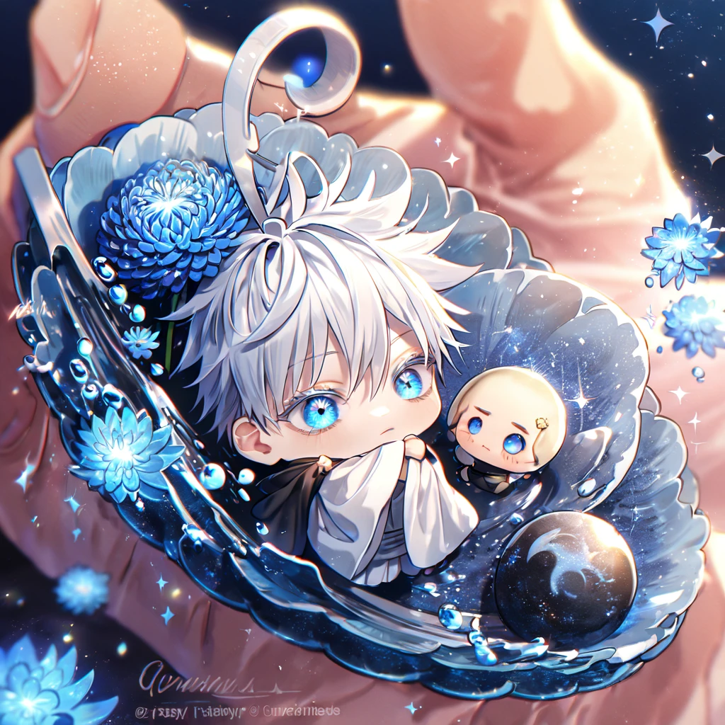 absurdres, highres, ultra detailed, HDR, master piece, best quality, extremely detailed, Gojou Satoru chibi, white hair, expressive blue eyes, white eyelashes, Jujutsu Kaisen, solo, cute, black scarf, white haori, black T-shirt, fantasy, water, sparkling, blue glittering fireflies, blue moon, blue blossoms, blue chrysanthemums, blue sparkling lights, starry sky