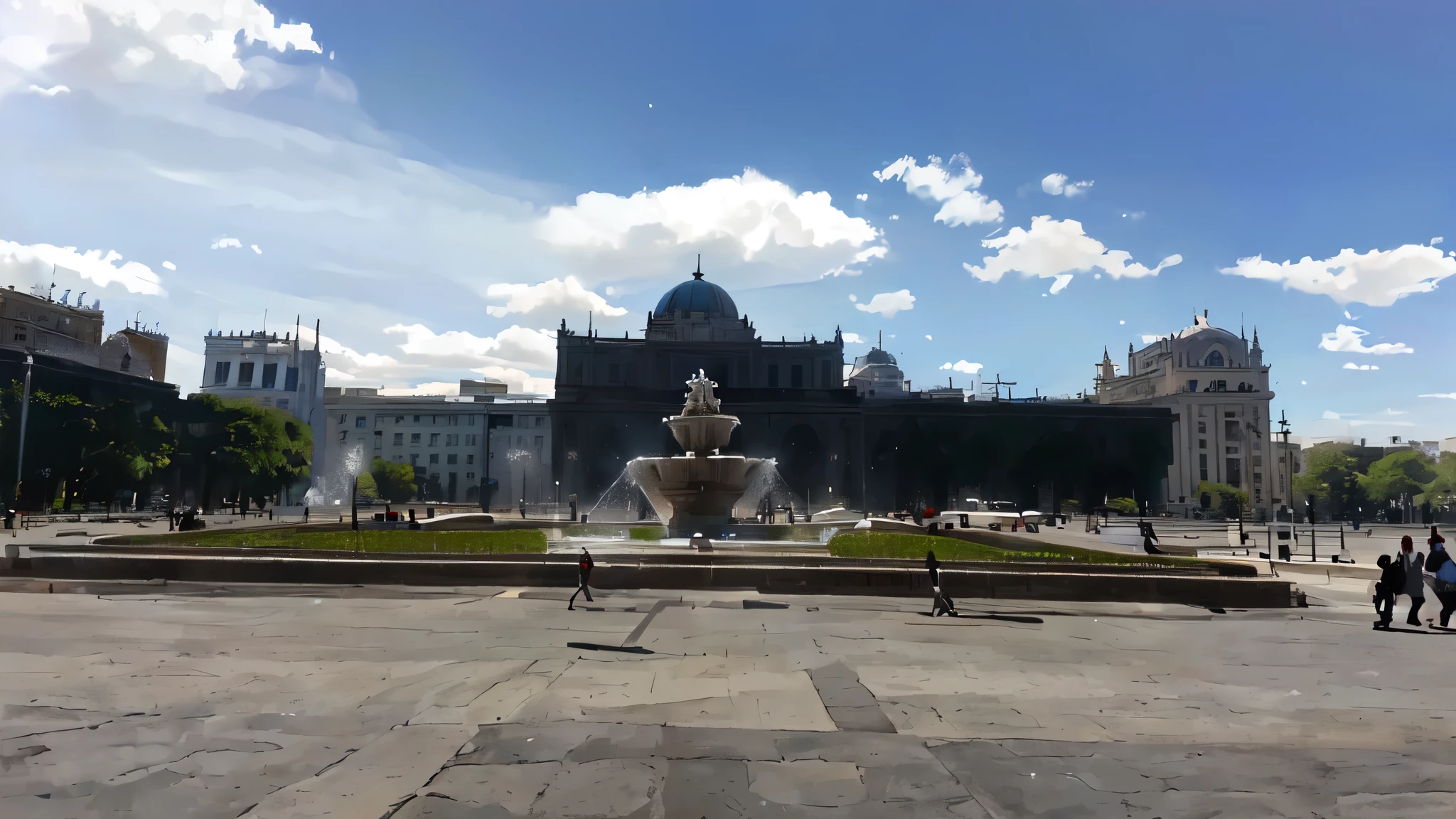 People walking around a square with a fountain and a building in the background., Fountain in the middle, Mexico City, central mexico, in a large neoclassical square, MONUMENTAL giant palace, plaza, in a city with a rich history, in a city square, Buenos Aires, ancient cathedral behind it, MONUMENTAL, 4 0 9 6, center shot
