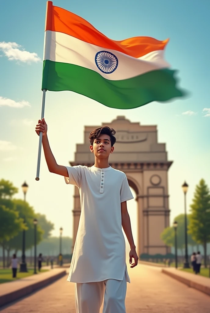 A real 17 -18 years old boy, Wearing Imama and white beautiful kurta and the name "Mohd.Anas" is written on his t-shirt and the boy is standing on the road with holding a national flag of India, and behind him is the India gate Delhi. And "Happy Independence Day 2024" written at above sky Create Realistic image high quality.