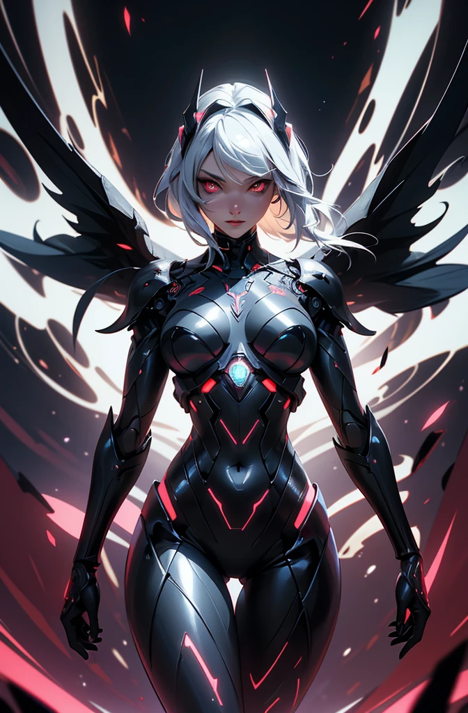 A beautiful robot that combines a succubus and a fallen angel, Red glowing eyes、A dynamic pose、In beautiful form, Wearing a shiny black bodysuit with fine lines, Best body shape, Background: A large room with analytical equipment, Lab, Shading Effects, Gradient Magic Effect, Fog filter effect, Glitter effect, (Super detailed, The absolute solution, Highest quality:1.3), 2.5D, delicate and dynamic, Artistic photography, Ultra-realistic, Graphics CG Digital Art