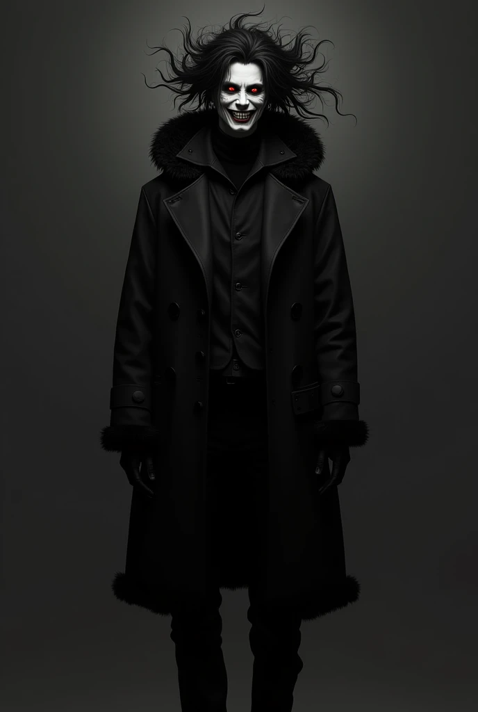 Full body drawing, all Black,with black coat and pants,psycho smile and black fire hair,black fur