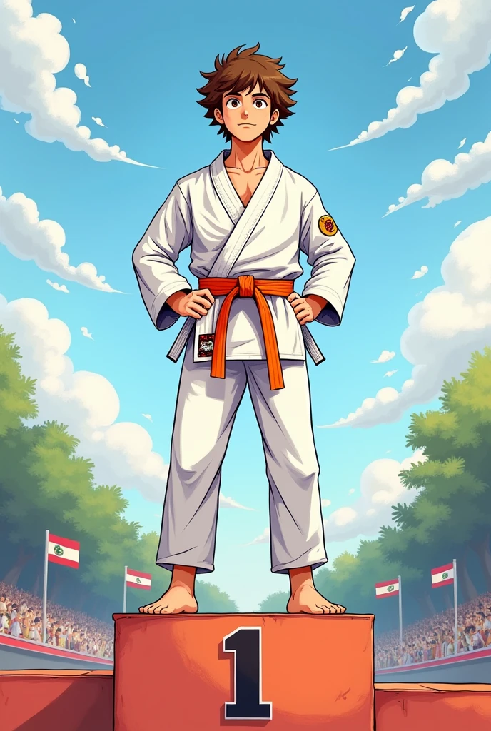 Tall young white man with big brown hair on the podium in first place in karate orange belt all this in drawing