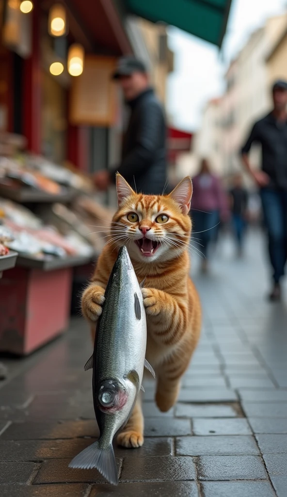 A cat has just stolen a fish in a fishmonger's shop and runs away with it. He has a panicked look on his face because he is being chased by the fishmonger. The fish appears to be silver and of medium size. In the background, the fishmonger yells at the cat. The scene is the street of an open-air market, with stalls and people strolling., photo