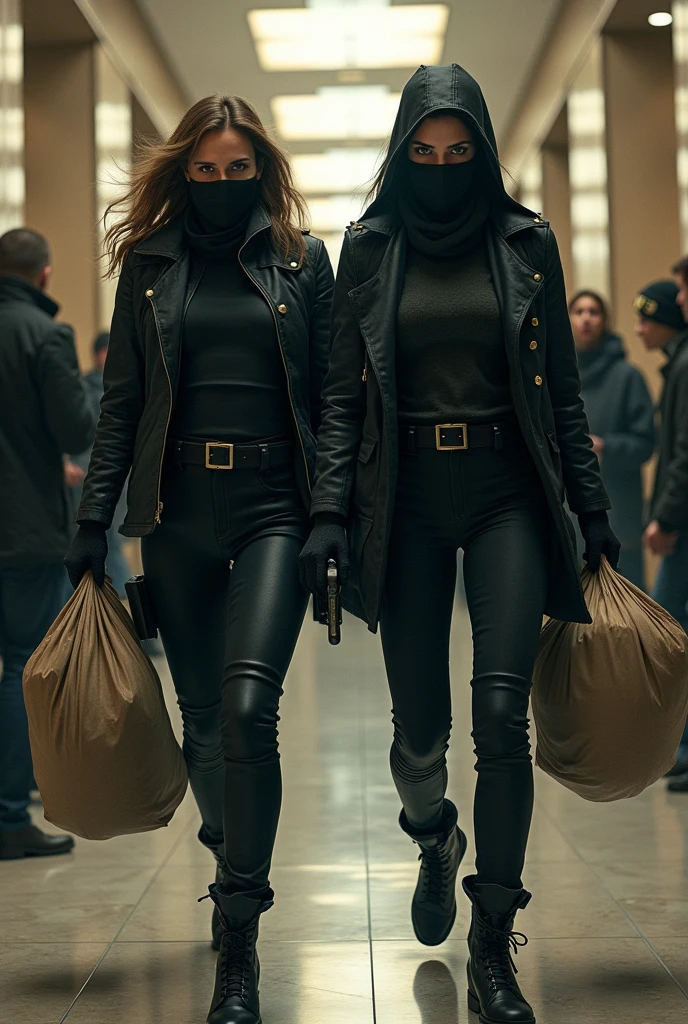 2 women who hold up a bank with bags of money