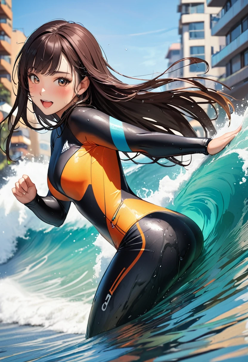 1 girl, (long hair, asymmetrical bangs, dark brown eyes), beautiful face details, beautiful eyes, long eyelashes, soft lips, smile, (Reflecting the buttocks:1.7), city, (wet suits:1.7), open mouth, (See-through), (surfing,
surf board:1.5), (black long hair:1.3), blush, surprised face, (turn around and look back:1.5), (wet with sweat:1.5)