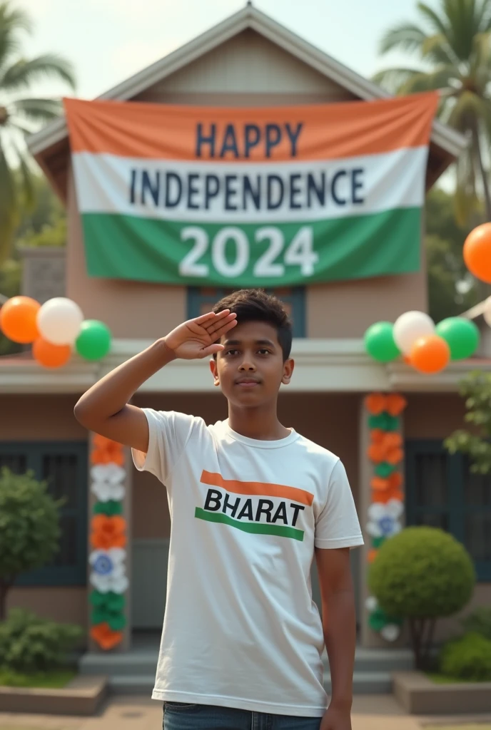 A real 19 year old boy , wearing a white "BHARAT" T-shirt stands in front of a house decorated with Indian flags and tricolor balloons, saluting for an upcoming Independence Day celebration. The house has a large banner that reads "HAPPY INDEPENDENCE DAY 2024 and make sure text should be correct.