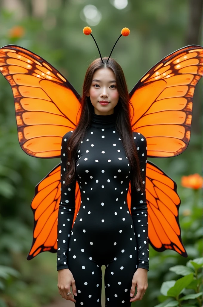 The beautiful asian ager girl with beautiful cheeks wears black beautiful butterfly lycra turtleneck unitard catsuit covered with white seamless polkadots with a pair of large orange butterfly wings and lycra elastane dancewear hood with antennae.She is happy in the garden.