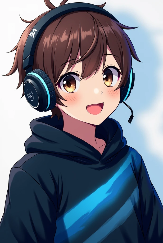 Anime gamer boy with headphones and brown hair, that your sweater is black with a light blue and blue gradient
