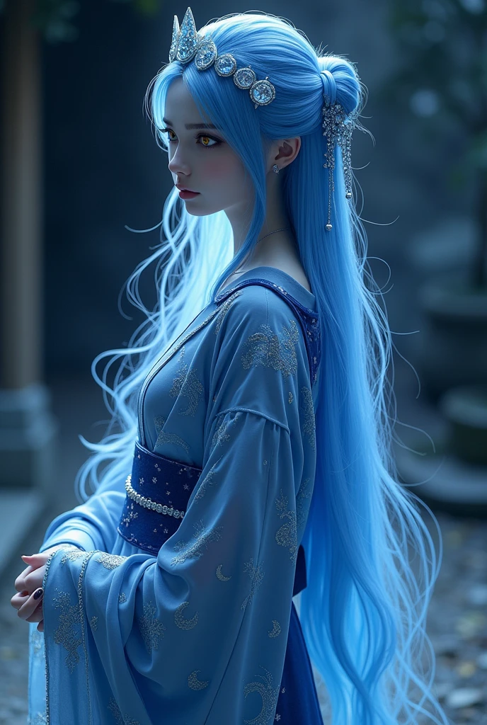 badass clothing: Flowing kimono in shades of blue and silver with lunar and star patterns, emitting a soft glow.body hair: Long and blue, flowing like moonlight, with sparkling highlights. It can be tied in a low bun or left loose with blue ribbons..eyeballs: Yellows shaped like" (like cat eyes or an elongated shape), and blue pupils, conveying a sad and contemplative expression.Accessories: Tiara or diadem with lunar motifs and small precious stones that imitate moonlight.stance: Elegant and serene, with an aura of melancholy and tranquility.