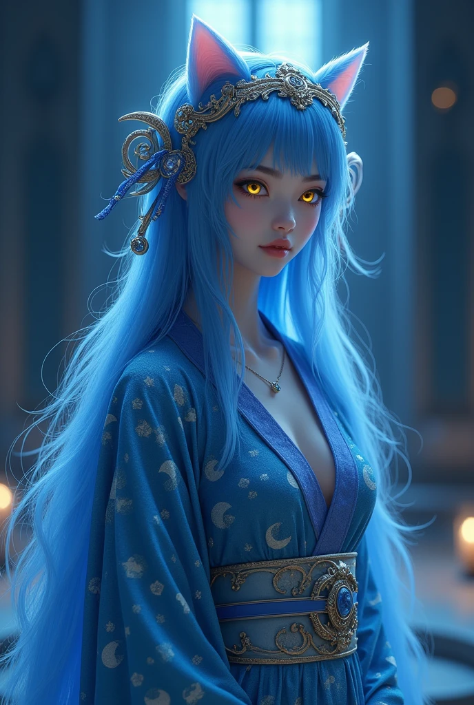 badass clothing: Flowing kimono in shades of blue and silver with lunar and star patterns, emitting a soft glow.body hair: Long and blue, flowing like moonlight, with sparkling highlights. It can be tied in a low bun or left loose with blue ribbons..eyeballs: Yellows shaped like" (like cat eyes or an elongated shape), and blue pupils, conveying a sad and contemplative expression.Accessories: Tiara or diadem with lunar motifs and small precious stones that imitate moonlight.stance: Elegant and serene, with an aura of melancholy and tranquility.