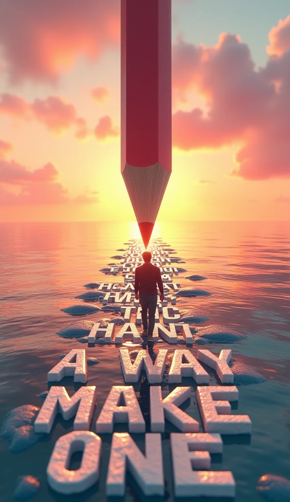 A creative 3D render of a scene where a massive eraser at the end of a pencil is erasing the sea, revealing dry land for a man to walk on. The pencil is ahead of the man, and he is walking towards it. The background has a vibrant sunset, and the sea is calm with gentle waves. The phrase in bold white text on a sign at the bottom of the image says "If you can't find a way, make one" is displayed in stylish typography, adds a motivational touch to the image., typography
