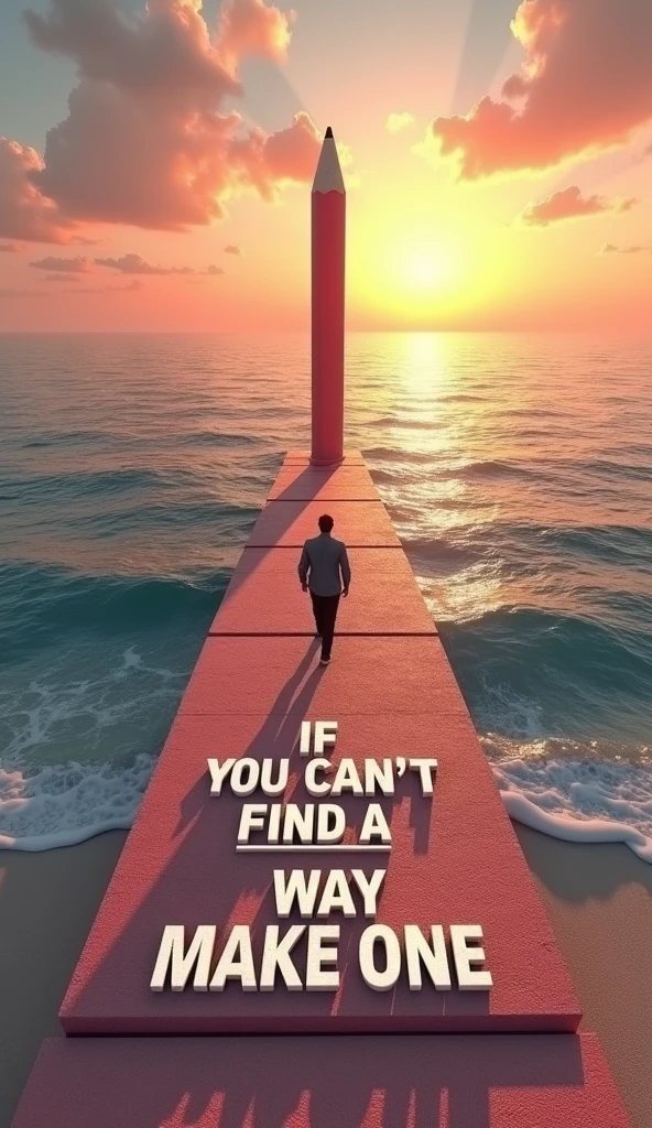 A creative 3D render of a scene where a massive eraser at the end of a pencil is erasing the sea, revealing dry land for a man to walk on. The pencil is ahead of the man, and he is walking towards it. The background has a vibrant sunset, and the sea is calm with gentle waves. The phrase in bold white text on a sign at the bottom of the image says "If you can't find a way, make one" is displayed in stylish typography, adds a motivational touch to the image., typography