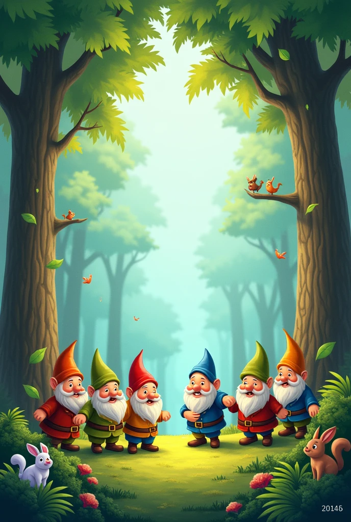 
empty center with the 7 dwarves on the sides of the image, in the forest with lots of cute little animals

