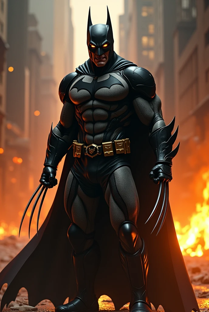 Batman Suit Fused with Wolverine Suit, Contained rage, long shiny black claws, short shoulder cape, bright yellow eyes, screaming in anger, Gotham City on fire in the background. anger and despair.