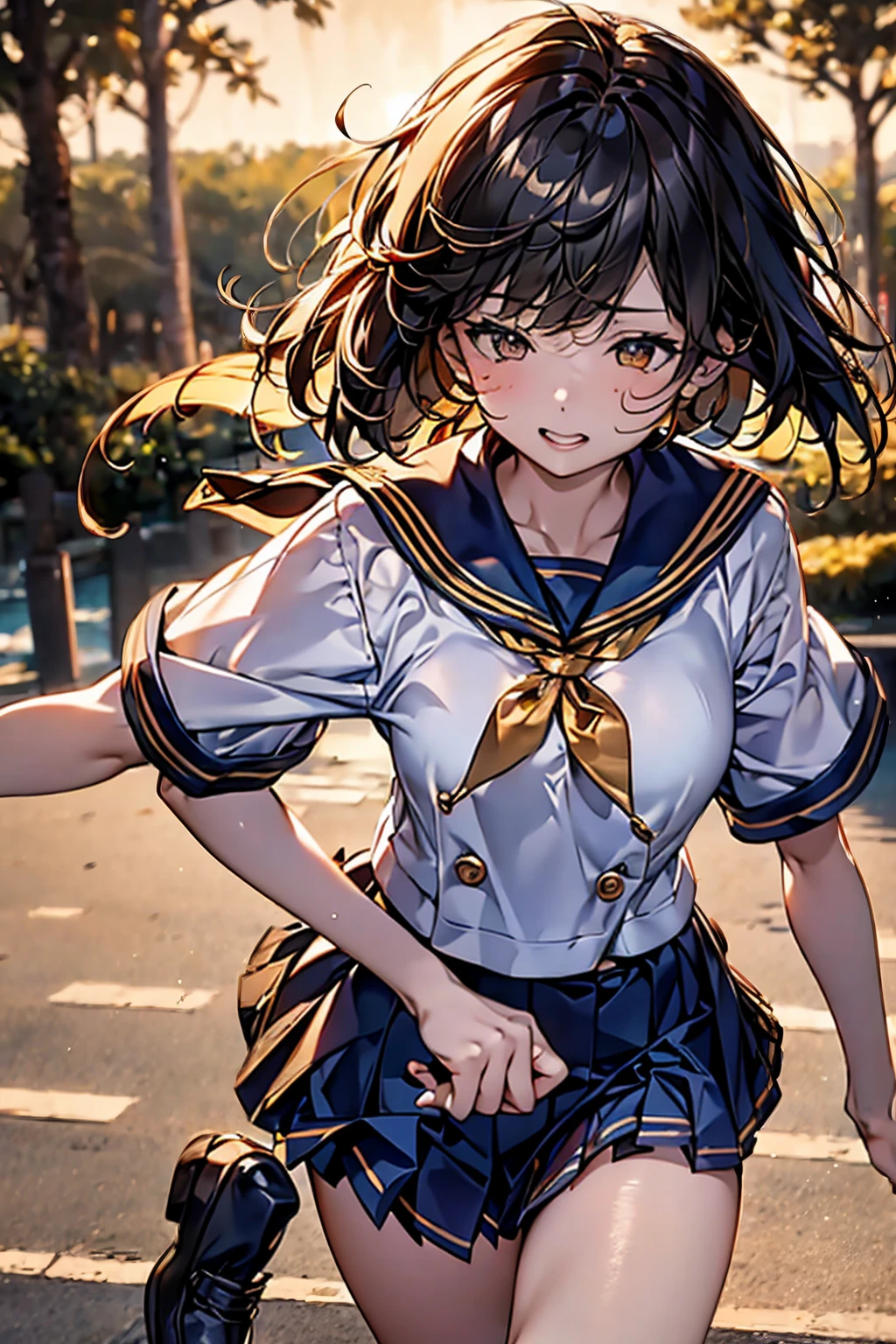 Browsing Caution,(Highest quality, 8k, masterpiece:1.3,beautiful girl), (Very detailed)Glowing Skin,(((Woman 1))),((Short sleeve, cute navy sailor suit, Navy Pleated Skirt, Navy sailor collar, Blue Sailor Scarf, socks, Brown Loafers)), running、Mr...... Turning,(Perfect Anatomy, Anatomically correct, Very detailed肌),((Golden Eyes)),((Perfect Fingers,Five Fingers)),((Black Hair,Bobcut,)),Natural Makeup,Smile in full bloom、Rear View、cheeks turn a little red,Seaside、Sunset、Hair blowing in the wind、While stroking my hair,Smiling with teeth showing,turn around