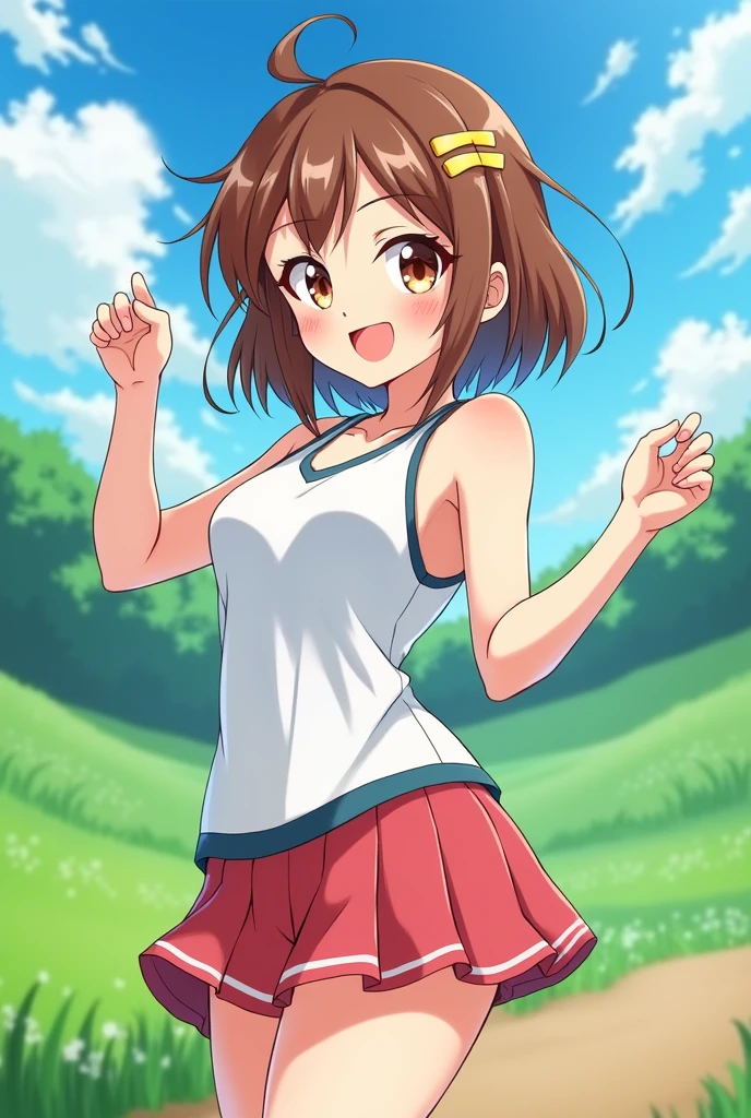 ochaco_uraraka, 1girl, solo, blush_stickers, open_mouth, looking_at_viewer, smile, blush, standing, full_body, (((flashing pussy))), big boobs, dress, ((picnic)), (((park))), (((wind up skirt))), (((pussy)))