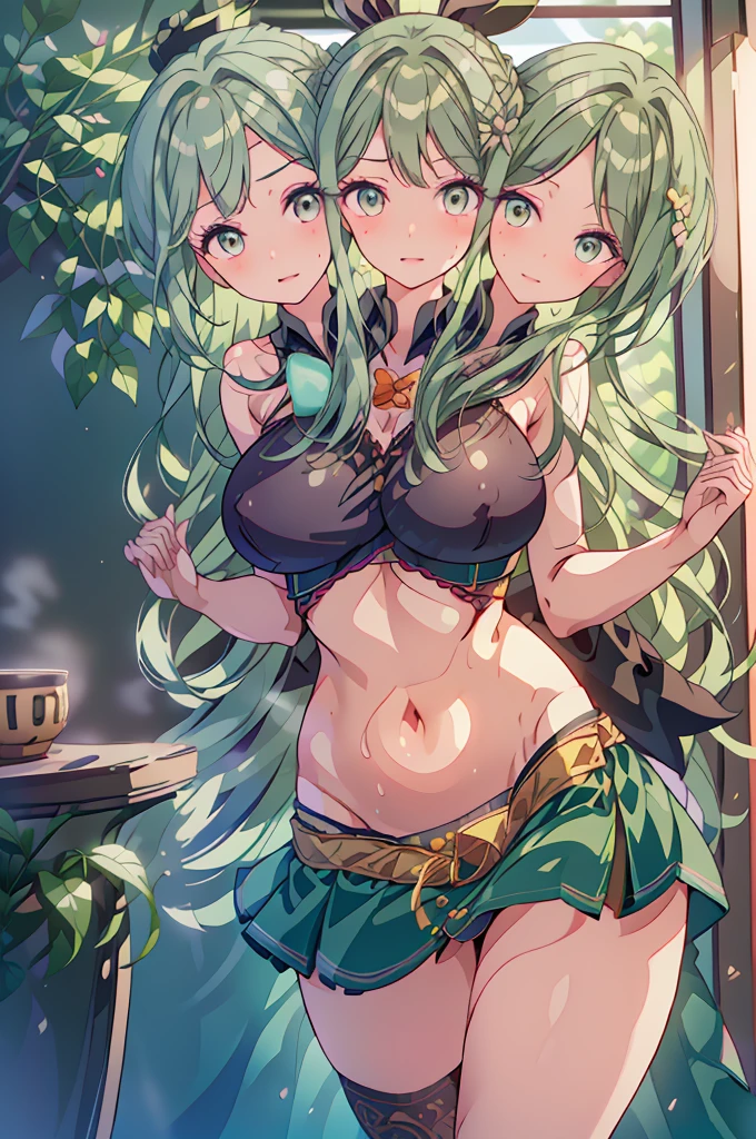 (masterpiece, best quality), best quality, (ultra-detailed), (3heads:1.5), 1girl, (mai tereida:1.3), masterpiece, best quality, ultra quality, ultra resolution, dark green top, crop top, ((stomach)), midriff, ((groin)), dark green skirt, normal ears, shackles, reseda green hair, (same hair color), very long hair, wavy hair, long sidelocks, pea colored eyes, parted lips, smiling, sweat, cute, toned belly, hand on own chest, eyelashes, (24 year old woman:1.3), (masterpiece:1.5), (best quality:1.5), (beautiful detailed), extremely detailed CG, extremely delicate and beautiful, depth of field, (finely detailed face), (perfect details:1.2), (mature female:1.3), wide pelvis, slender, large veiny breast, 16k resolution, highres, very high quality, very high definition, extremely detailed, masterpiece, reseda green hair, long hair, alluring presence, braid, short skirt, close up, very big tits, huge breasts, young, waist apron, girl with three heads, three headed girl,