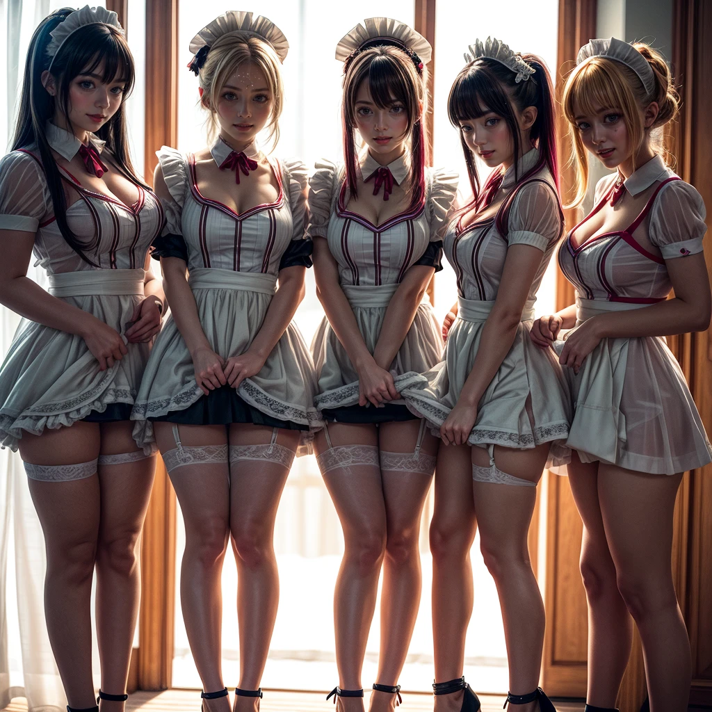 (Full Body of Extremely Detailed((Kawaii Maid Group in a row:1.37))),  perfect face, Reflective Eyes, Detailed(Delicate Clothing textures), Correct Leg Line, Dynamic Joyful Expressions LifeLike Rendering, Specular Reflection, TopQuality 8K Ultra-detailed masterpiece (ProfessionalPhoto:1.37), (Acutance:0.8), (Luminism:1.28), (Renaissance art style), Colorful Light particles, ((Full body from side)), {MicroMini Skirt|Kissing|Breast Lifting|Undressing|Thigh Gap}, Radiant Fine Skin with Transparency, (Exposed:0.5), (Different types of Anime hair color){Pink Hair|Cyan Hair|White Hair}, Perfect Lighting 
