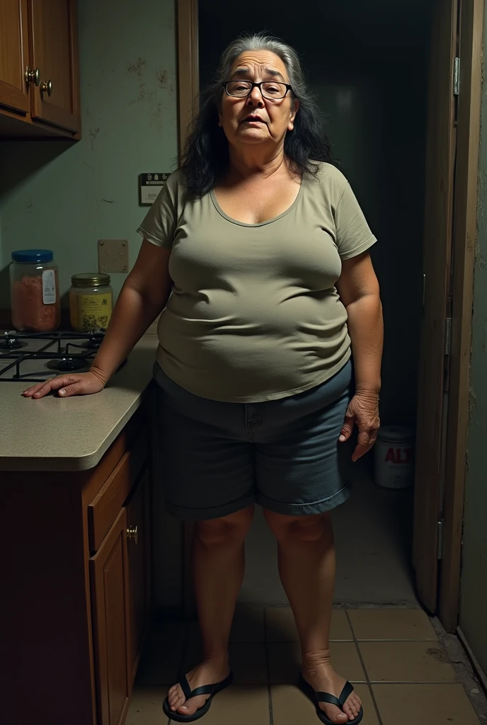An elderly woman aged 65, with an easy, suffering expression and strong features, with a big nose, thick eyebrow, weighing 55 kilos, 167 centimeters tall, thick legs and very large, saggy breasts, with a vagina with short, gray hair, with long black hair. she is naked, wearing prescription glasses and wearing flip flops. She is seen standing and full body, with your hands resting on a table and looking slightly upwards. In a humble kitchen at night and with little light.