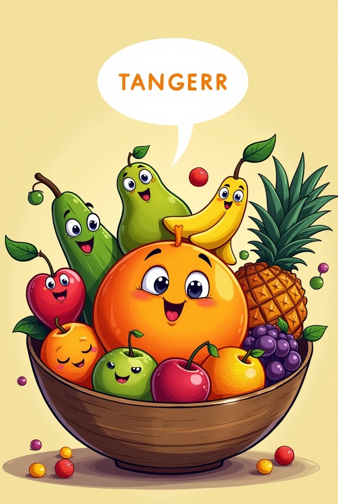Draw a tangerine in a comic style in a fruit bowl talking and surrounded by many other fruits with 10 cartoons