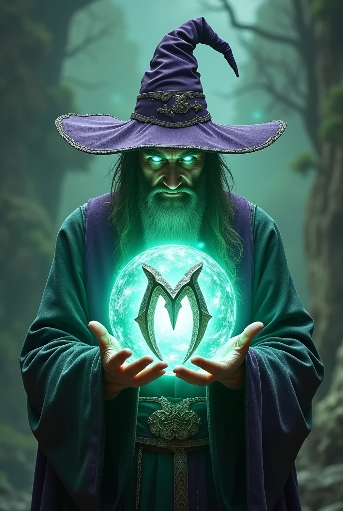Create a wizard style wizard with hat, Its colors are green and purple, White lights come out of his eyes and he has both hands on a magic ball full of white light with two letters M together in the middle of the ball