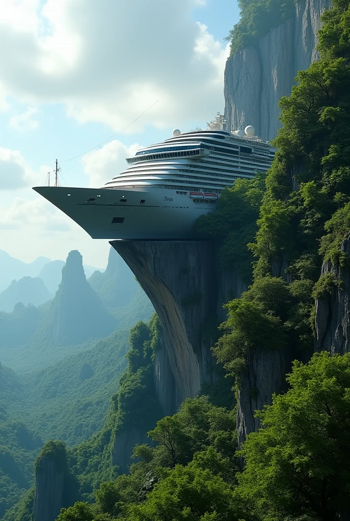 "View from the deck of a large cruise ship on top of a vertical cliff covered in green foliage. The image should show the front of the ship jutting out over the cliff and the natural landscape below. The view should be realistic and rich in details, capturing the striking contrast between the ship and the surrounding environment. Create a 4K image, DSLR Canon style."