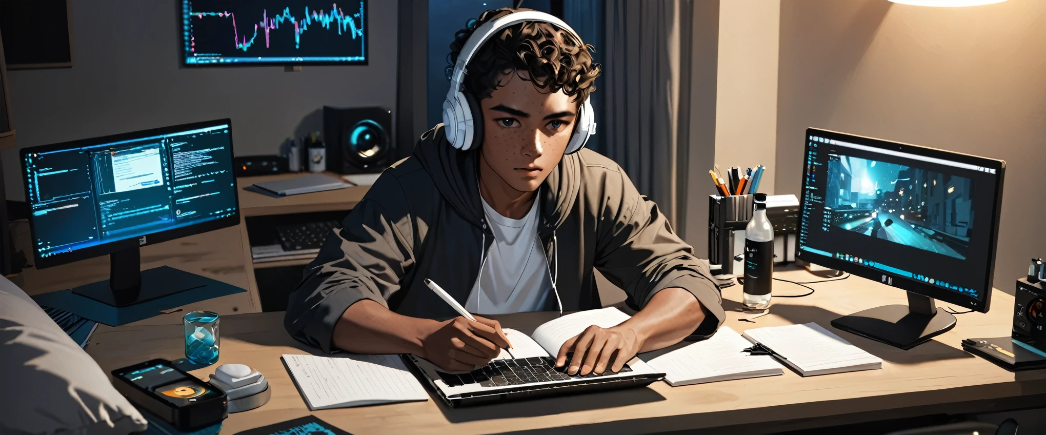 ((Boy)), ((Dark Skin)), ((Freckles on Face)), black curly hair, white streak, ((Studying)), bedroom, ((Calm)), ((Chill)), ((Headphones)), ((Laptop)), ((Monitor)), Night, Bottle, Desktop, ((Hacking)), ((Hacker)), Tech, HD, High Resolution, 4K