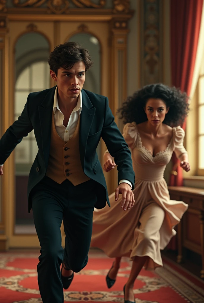 A young man with black hair and white skin running away from a young white woman with curly black hair. Set in 1800 and the two rich men