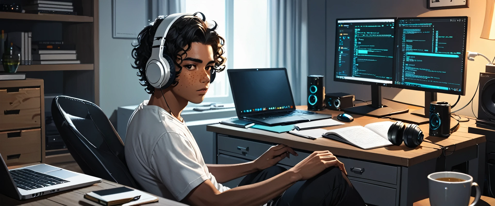 ((Boy)), ((Dark Skin)), ((Freckles on Face)), black curly hair, white streak, ((Studying)), bedroom, ((Calm)), ((Chill)), ((Headphones)), ((Laptop)), ((Monitor)), Night, Bottle, Desktop, ((Hacking)), ((Hacker)), Tech, HD, High Resolution, 4K