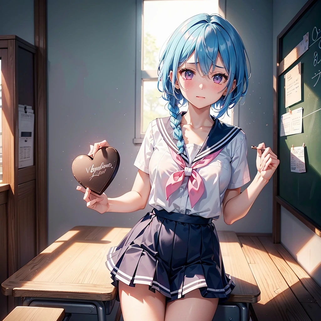 Sky blue hair,Braided short hair,Pink Eyes,Fair skin,whole body,one person,Embarrassed,The background is a school classroom,((I love you lettering on a blackboard)),Heart-shaped chocolate,(Hand it forward with both hands),Sailor suit,valentineday,masterpiece, Highest quality, Very detailed, Best Shadow,Detailed Background,Beautifully detailed face,High Contrast,Best lighting,Very delicate and beautiful,Cinematic Light,Hyper Detail,8k,Dramatic Light, Intricate details,