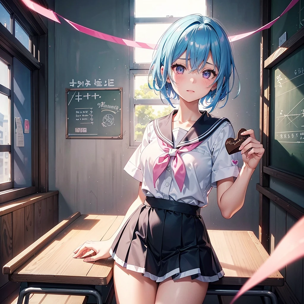 Sky blue hair,Braided short hair,Pink Eyes,Fair skin,whole body,one person,Embarrassed,The background is a school classroom,((I love you lettering on a blackboard)),Heart-shaped chocolate,(Hand it forward with both hands),Sailor suit,valentineday,masterpiece, Highest quality, Very detailed, Best Shadow,Detailed Background,Beautifully detailed face,High Contrast,Best lighting,Very delicate and beautiful,Cinematic Light,Hyper Detail,8k,Dramatic Light, Intricate details,