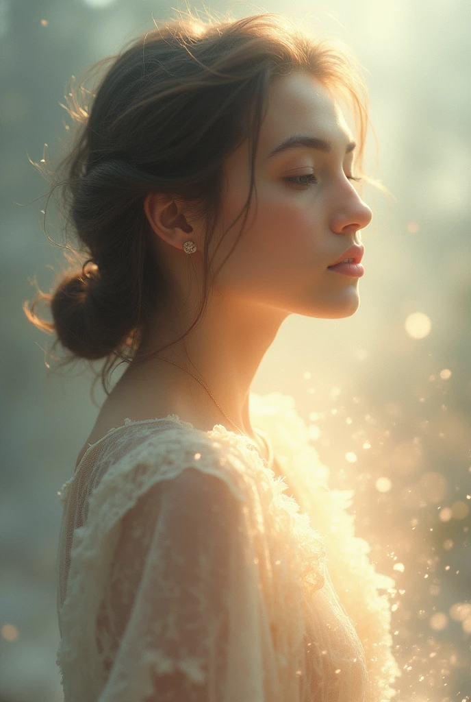 woman with a look of light, clear and fluid colors 