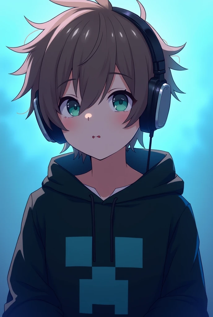 Anime gamer boy with headphones and brown hair, that her black creeper-themed sweater with a light blue and blue gradient