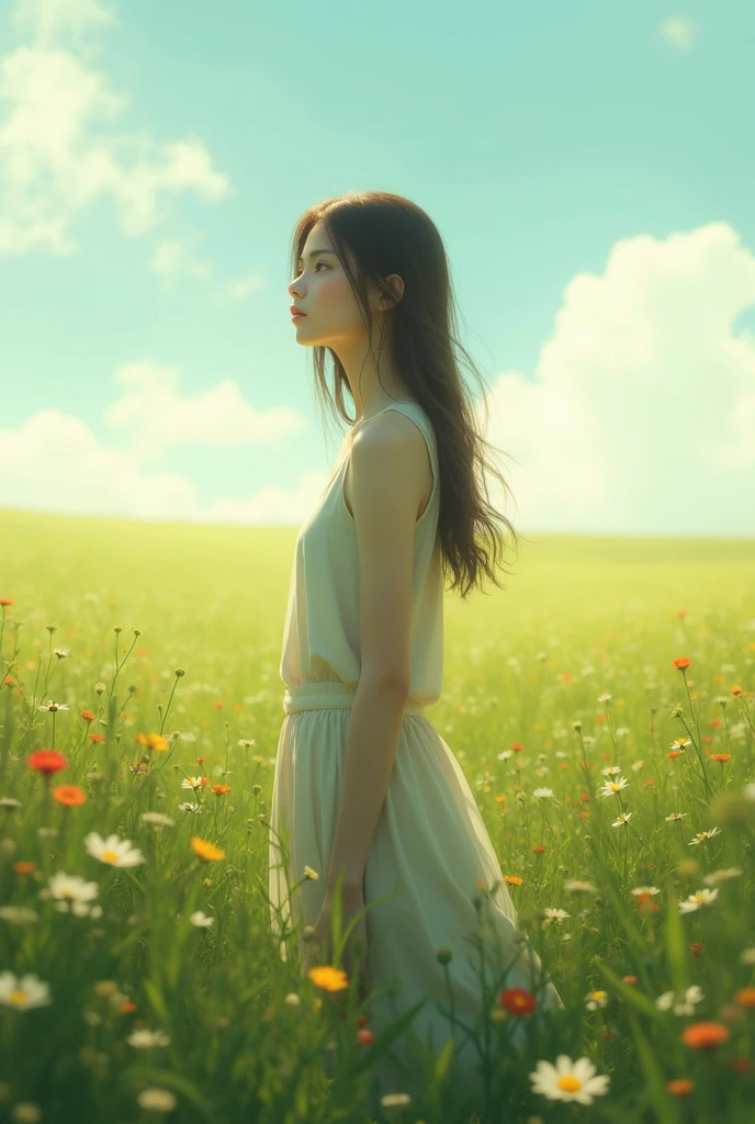 image of a girl in the field more realistic the tallest girl


