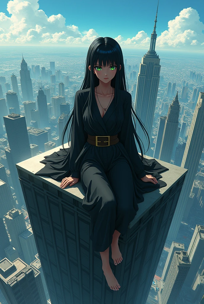 Estilo anime jujutsu kaise, a black skinned girl, long straight black hair, green eye color, sitting on top of a building