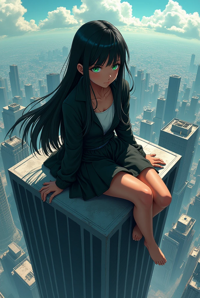 Estilo anime jujutsu kaise, a black skinned girl, long straight black hair, green eye color, sitting on top of a building