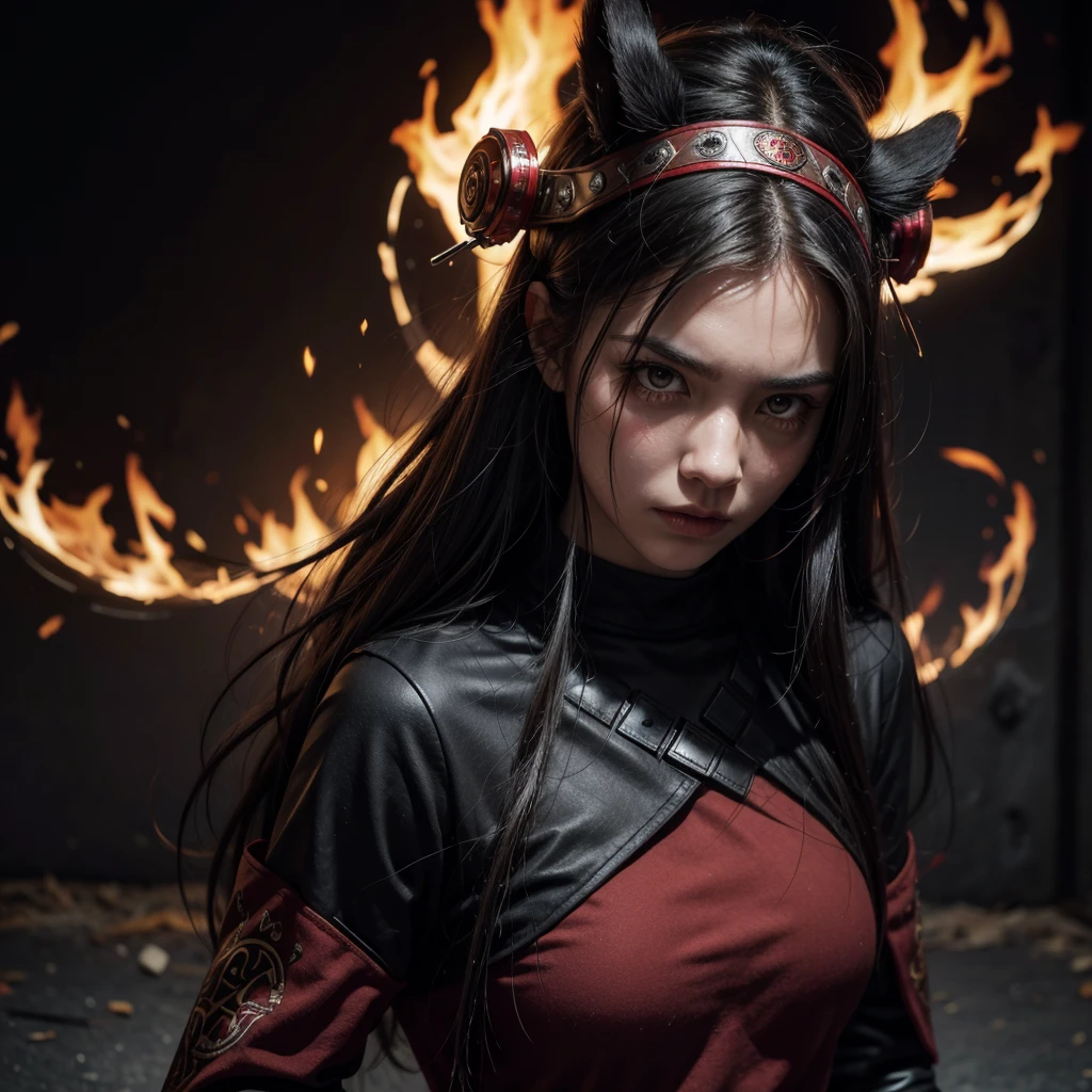 badass clothing: Dark armor with red details, with an aggressive and robust design.body hair: black with red tips, disheveled or wild-looking.eyeballs: Yellows shaped like "X" and red pupils, reflecting intensity and anger.Accessories: Headband or headdress with symbols of blood or fire.stance: Strong and aggressive, with an intimidating and powerful presence.