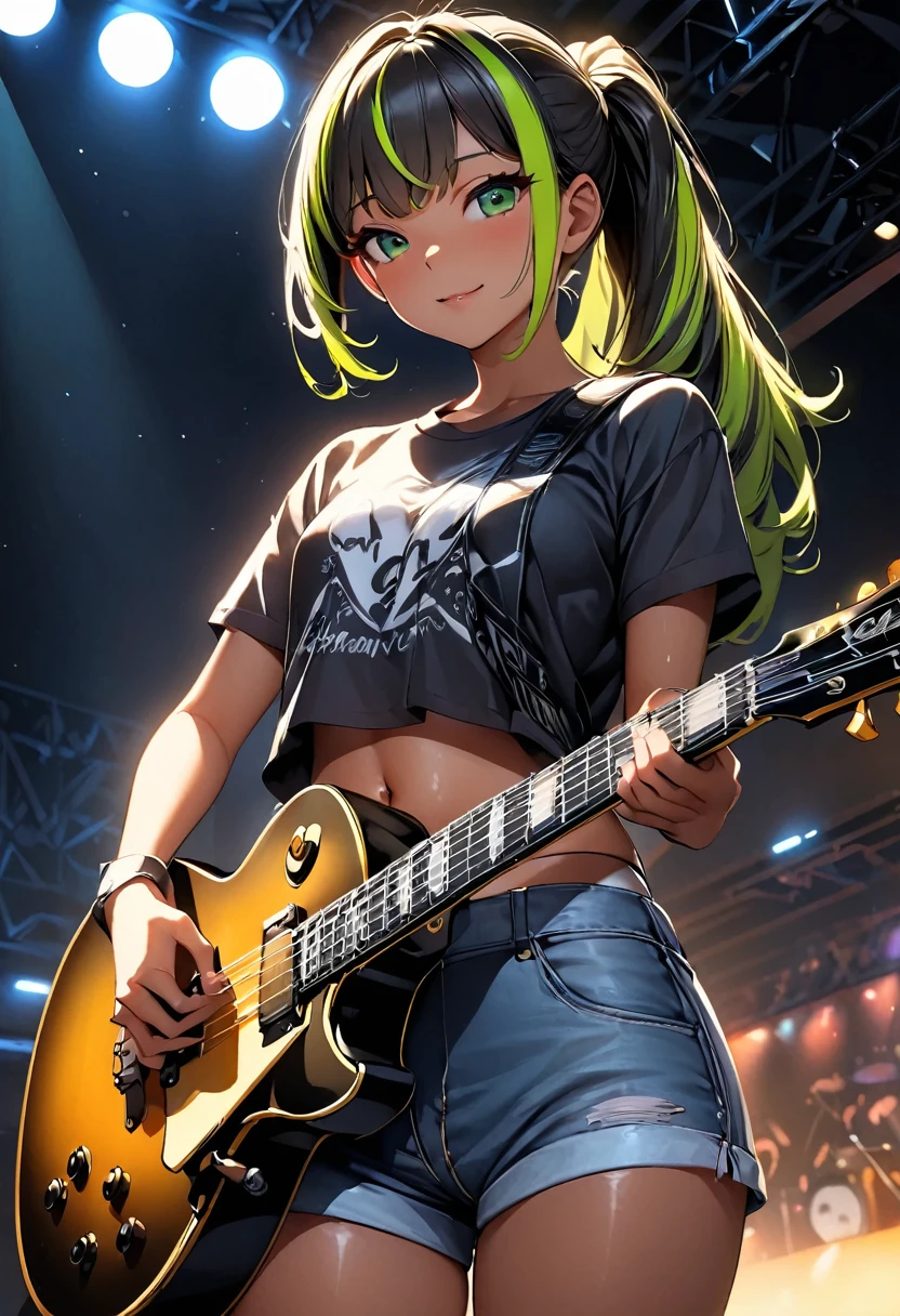 (highest quality:1.2, Very detailed, up to date, Vibrant, Ultra-high resolution, High Contrast, masterpiece:1.2, highest quality, Best aesthetics), Portraiture、girl、((20 years old:1.5)), solo, (slim:1.2), (black t-shirt), jeans shorts, crop top navel, playing electric guitar, gibson les-paul, rock musician, Bright colors、Beautiful fine details、green eyes, Beautiful lip detail、long hair, (ponytail:1.3), green and yellow green hair, (streaked hair:1.6)), highlights hair: 1.5, (small breast,:1) (tan skin:1.2), on stage, live music club, consert hall, night time, spot light, ((cowboy shot:1.5)), look at viewer, facing viewer