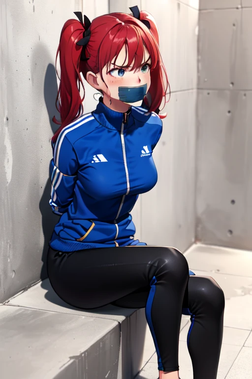 ((1 girl)), ((twin tails)), (sexy),  ((simple_background)), ((concrete floor, concrete wall)), ((underground room)), ((arms behind back)), ((scowl)), ((sitting on the knees)), ((tape gag)),  ((helpless)), ((calm)), ((struggling)), (blue tracksuit,tracksuit,tights pants, long black pants)