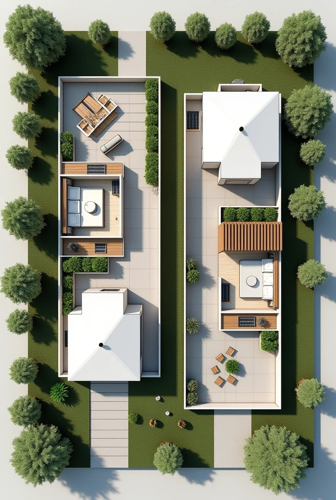 Give me a plan of two houses built on a plot of land measuring 10 meters by 20 meters