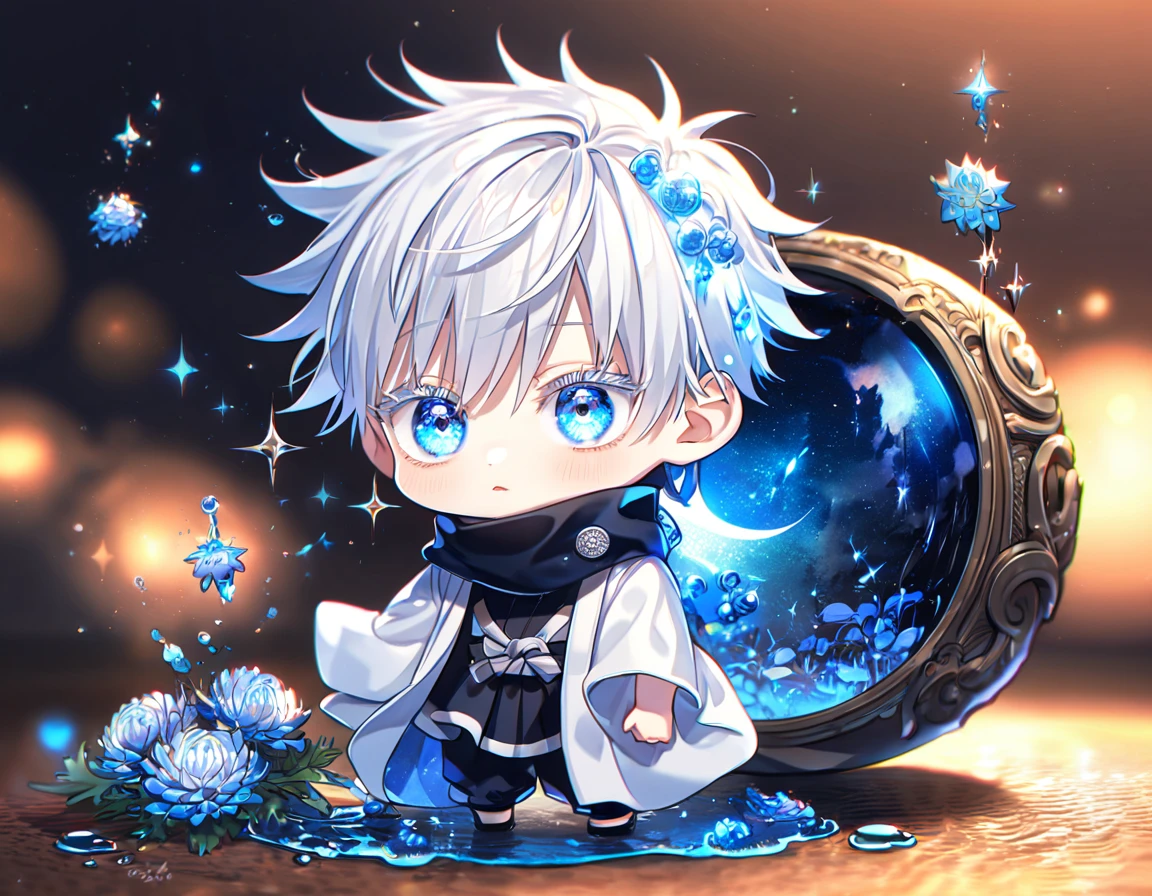 absurdres, highres, ultra detailed, HDR, master piece, best quality, extremely detailed, Gojou Satoru chibi, white hair, expressive blue eyes, white eyelashes, Jujutsu Kaisen, solo, cute, black scarf, white haori, black T-shirt, fantasy, water, sparkling, blue glittering fireflies, blue moon, blue blossoms, blue chrysanthemums, blue sparkling lights, starry sky