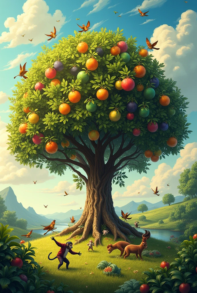 Generate a tree with lots of fruits and lots of animals around the tree . In the same phtoo generate the same tree dead without any animals arround