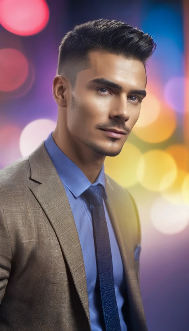 ((a handsome man, elegant male model, full - length portrait:1.5)), (best qualityer,4K,8k,high resolution,work of art:1.2),ultra detali,(realisitic,photorealisitic,photo-realisitic:1.37),HDR,ultra HD,studio lighting,ultra-fine painting,sharp focus,Physically based rendering,extreme detailed description,proffesional,bright coloured,bokeh,dramatic lighting,film composition