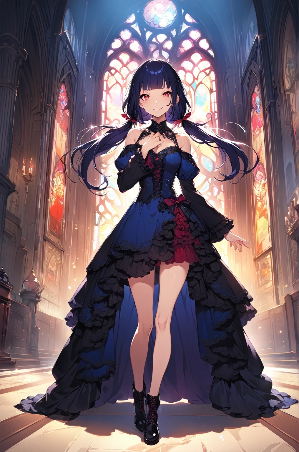 [(church background:1.4)::5],Original,(Illustration:1.1),(Best Quality),(masutepiece:1.1),(the Extremely Detailed CG Unity 8K Wallpapers:1.1), (Colorful:0.9),(mid-shot:0.95),(Full body:1.5),Dynamic Angle,(Solo:1.2), (girl),((Adult)), (Detailed beautiful eyes:1.15), (Beautiful face:1.15), (Glowing red eyes:1.25////),((dark blue long hair)),(Blunt bangs),(low twintails),(+perfect hand+:1.21),(Draw an illustration of a gothic girl),(Religious),(slender),(she has boots on her feet),((Wearing a black dress)),(Furious), Lace Off Shoulder Lolita Fashion,Beautiful slender woman,((Evil smile)),Dark blue short hair,Dark blue short hair,Laugh,((Evil smile)),((mini skirt)),