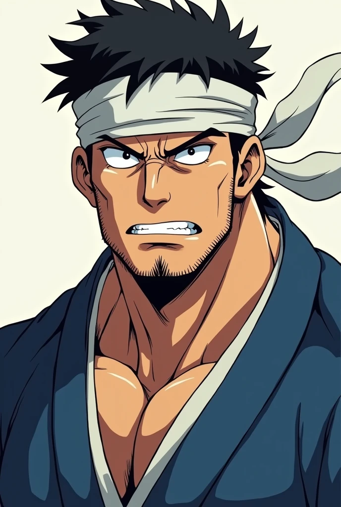 anime、front、Neck to head、male、Around 30 years old、Muscular build、Square face、Round Nose、short hair、No bangs、Black Hair、Blue Jinbei、White headband、Gritting your teeth、Beard not growing、Watery eye