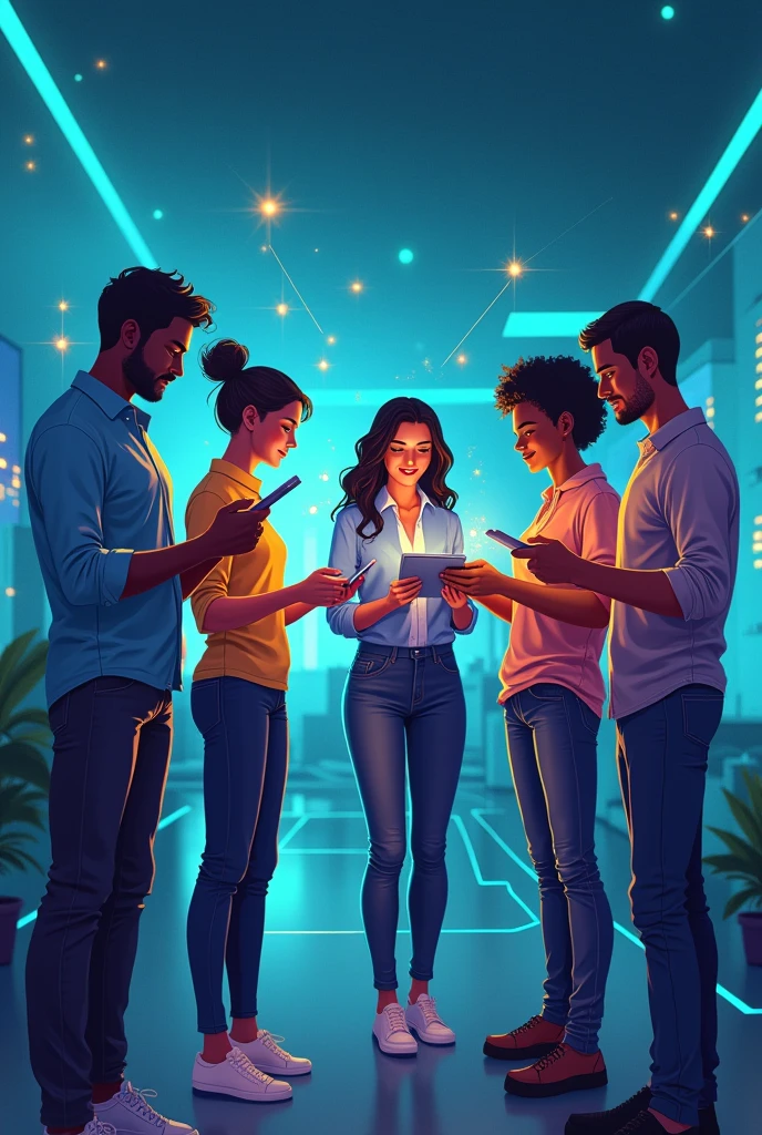 A detailed illustration of a diverse and inclusive team of men and women from different backgrounds., Races, Especially people from Brazil., Working together in a modern environment, High-tech environment. The team is connected to digital devices such as tablets and laptops., symbolizes cooperation. Dynamic lines of light or energy in soft orange and blue tones flow between team members., Represents the exchange of ideas and innovation. The background is a futuristic environment with subtle elements such as holograms., Digital interfaces, And geometric patterns that indicate technology and progress.. The overall style is clean., With vibrant colors like blue, Greens, And violet, Create a modern and vibrant atmosphere.